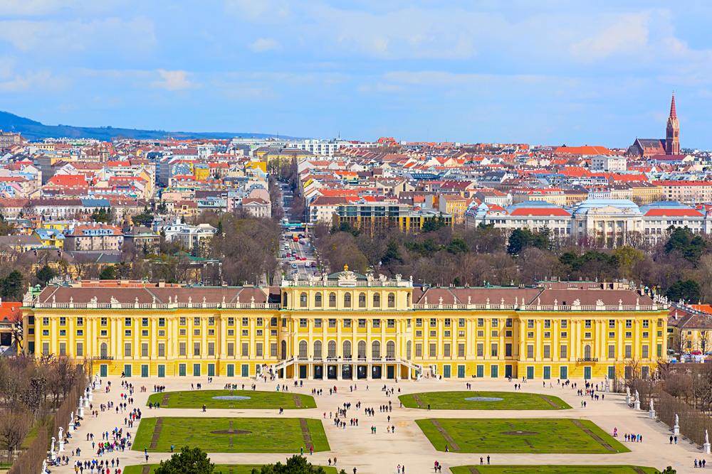 Schonbrunn Palace aerial view and Vienna panoramic skyline background, Austria