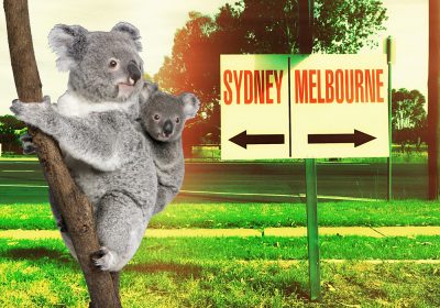 Sign Halfway between Sydney and Melbourne, Australia with Koalas - Cropped