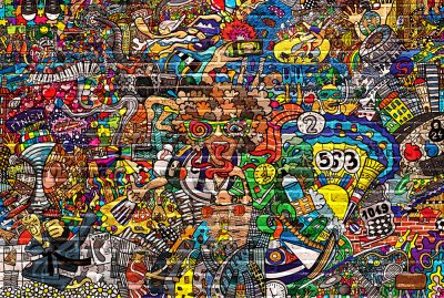 Sports collage on a large brick wall, graffiti, street art