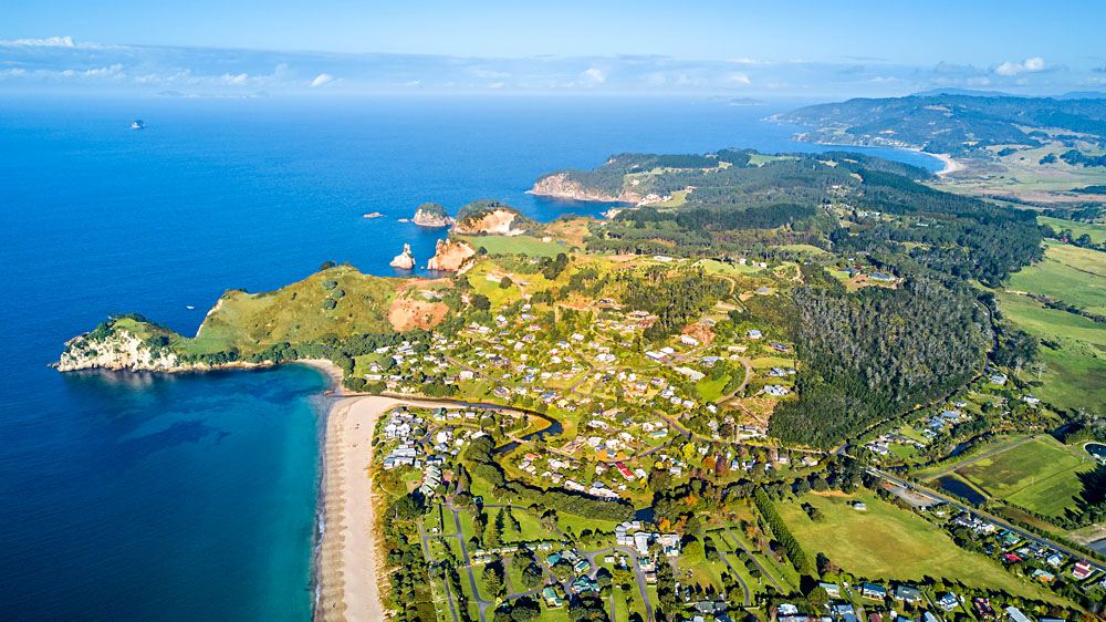 Aerial view of sunny beach, Coromandel Peninsula, New Zealand