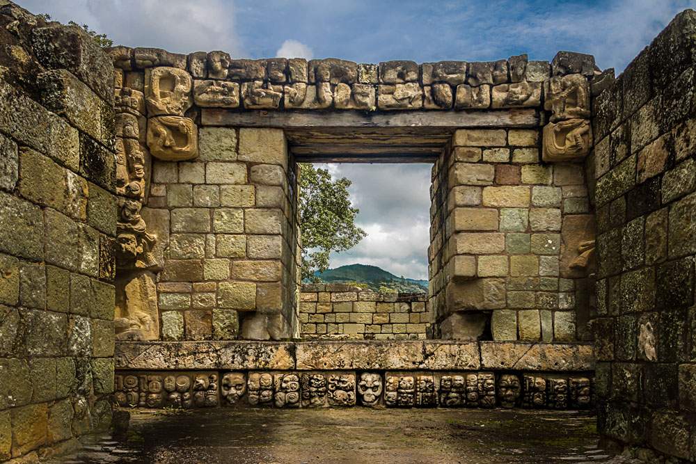 Carved detail of Mayan Ruins at Copan Archaeological Site, Honduras