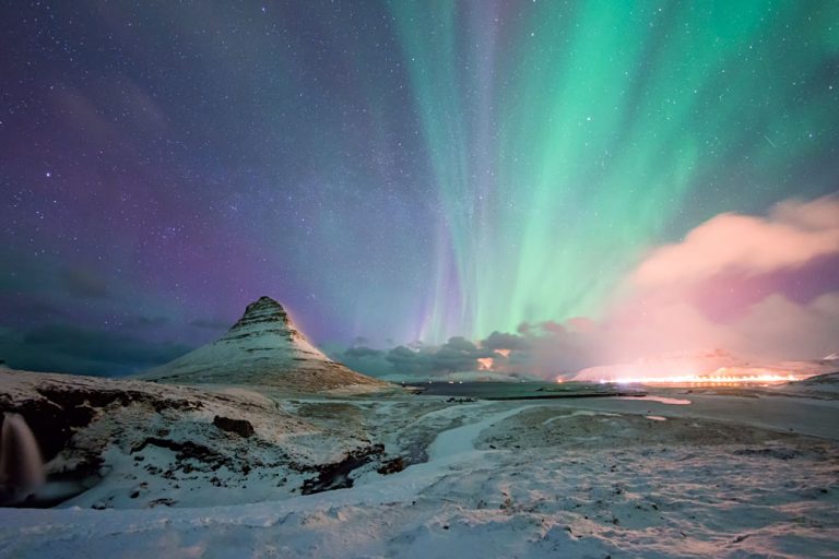 Kirkjufell Mountain with the Northern Lights in winter, Iceland