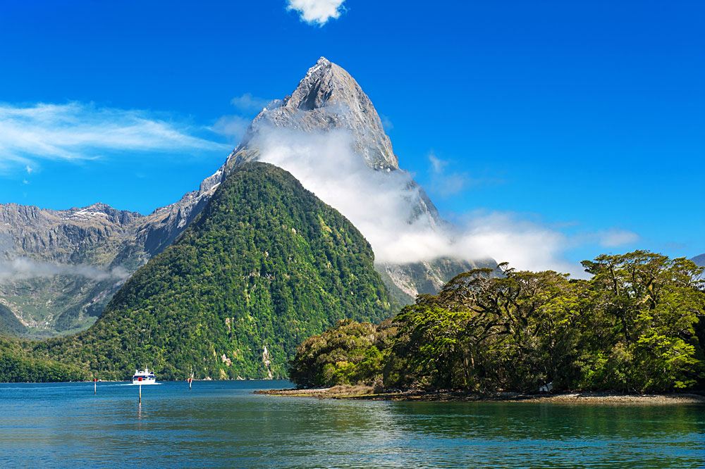 Mitre Peak rising from Milford Sound fiord, Fiordland National Park, New Zealand