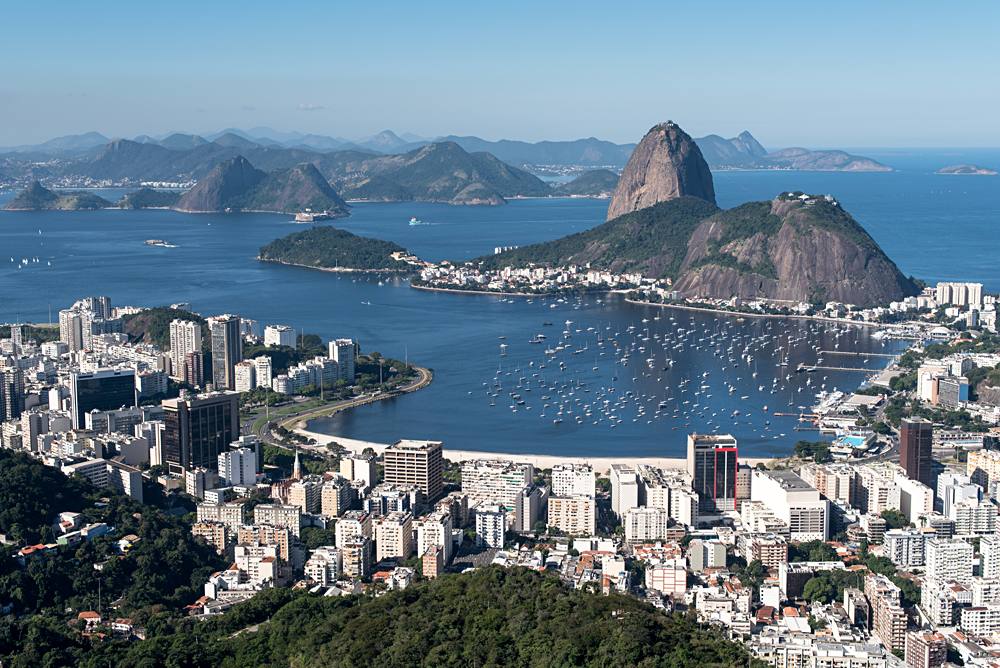 Aerial View of Rio De Janeiro looking towards Sugarloaf Mountain and the Atlantic, Brazil