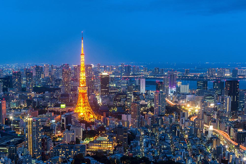 Aerial night view of Tokyo Tower from Mori Tower in Roppongi Hills, Tokyo, Japan