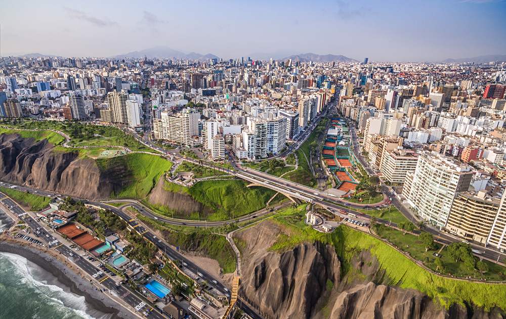 Aerial view of Miraflores and Lima in background, Peru