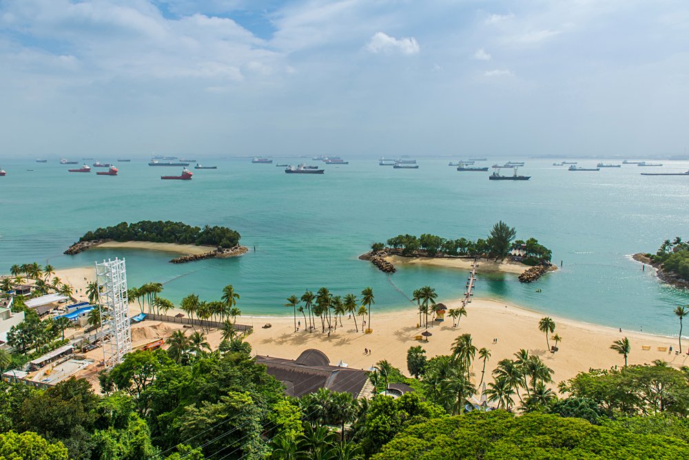 Aerial view of tropical beach on Sentosa island, Singapore