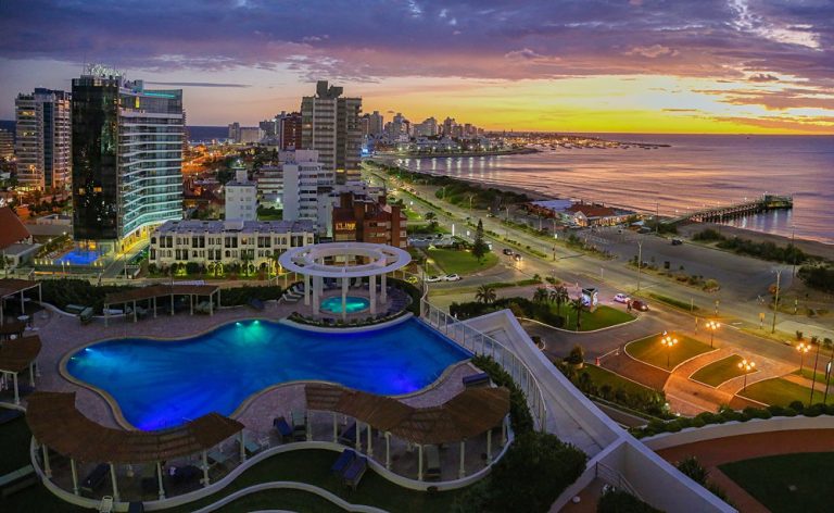 Aerial view over Punta Del Este and Atlantic Ocean at sunset, Uruguay Vacations