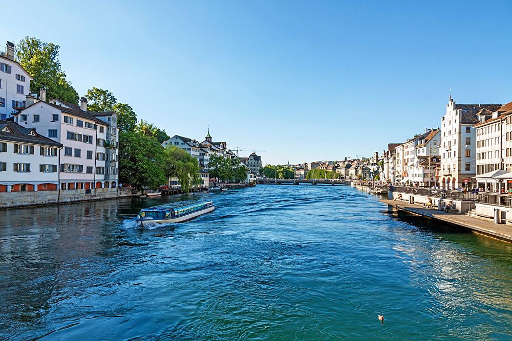Cruise vessel on River Limmat at Canton of Zurich, Lake Zurich, Switzerland