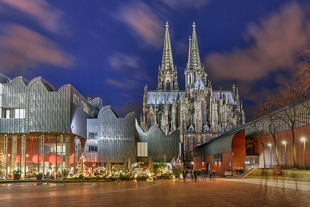Heinrich-Boell Square with Cologne Philarmonie Hall, Ludwig Museum, and Cologne Cathedral, Cologne, Germany