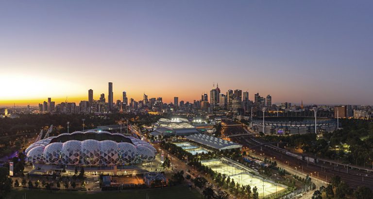 Melbourne City Skyline with Sports Precinct, Victoria, Australia Trip