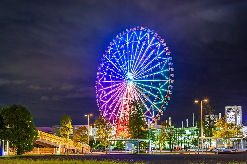 Night view of giant ferris wheel on Odaiba, Tokyo, Japan