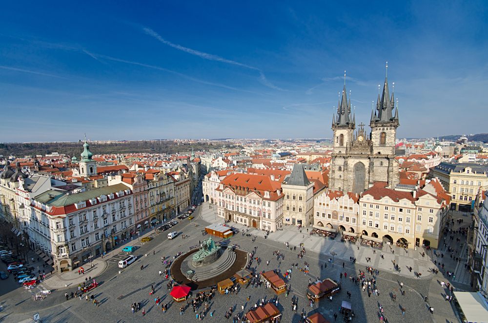 Panorama of Old Town Square and Church of Our Lady Before Tyn in Prague, Czech Republic