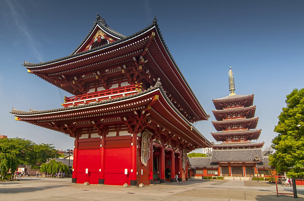 Sensoji Temple's Hozomon Gate and five storied pagoda, Asakusa, Tokyo, Japan
