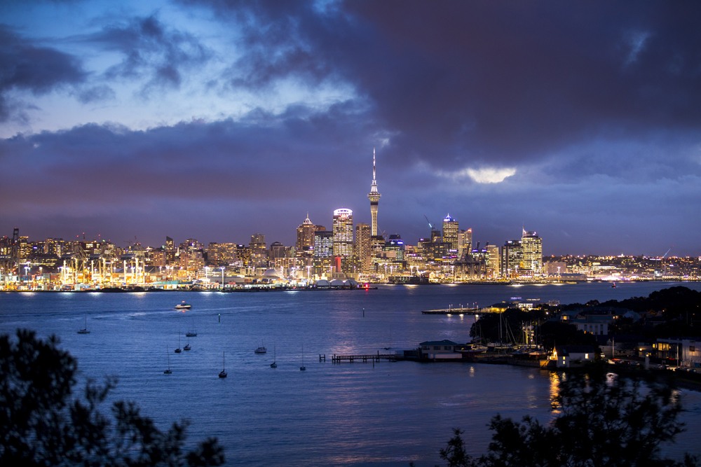 Skyline of Auckland at Night, New Zealand