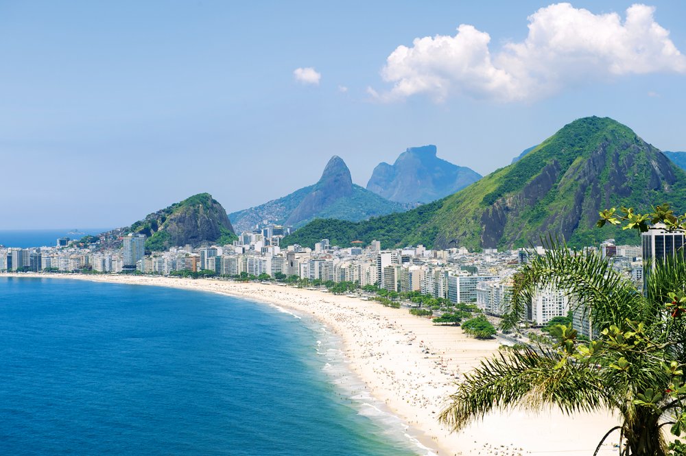 Tropical view of Copacabana Beach with city skyline of Rio de Janeiro, Brazil