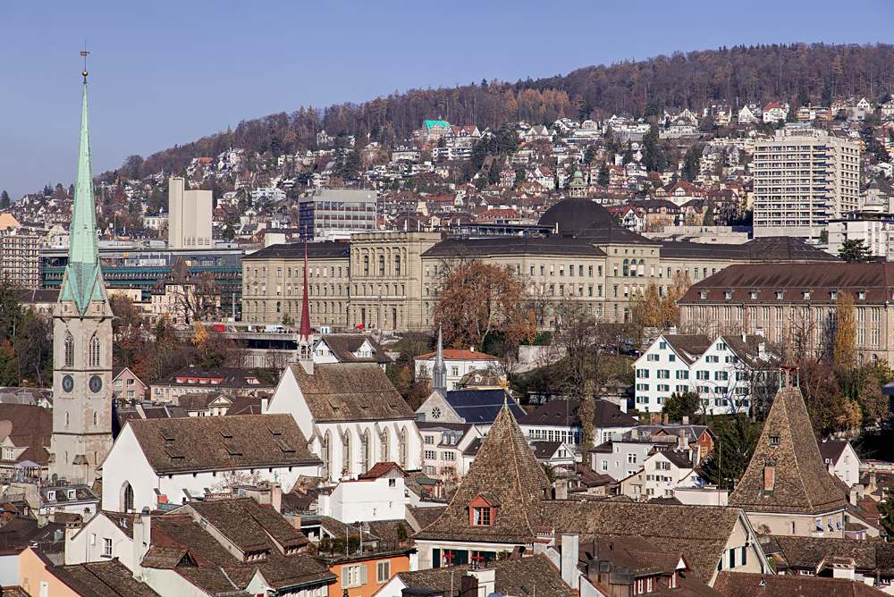 View from the Grossmunster Tower towards the University of Zurich, Switzerland