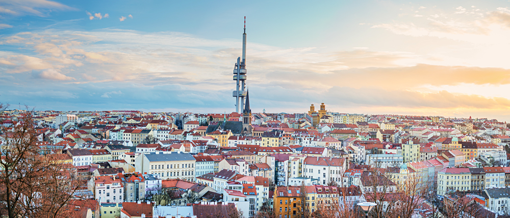 View of Prague and Zizkov Television Tower at sunset, Czech Republic