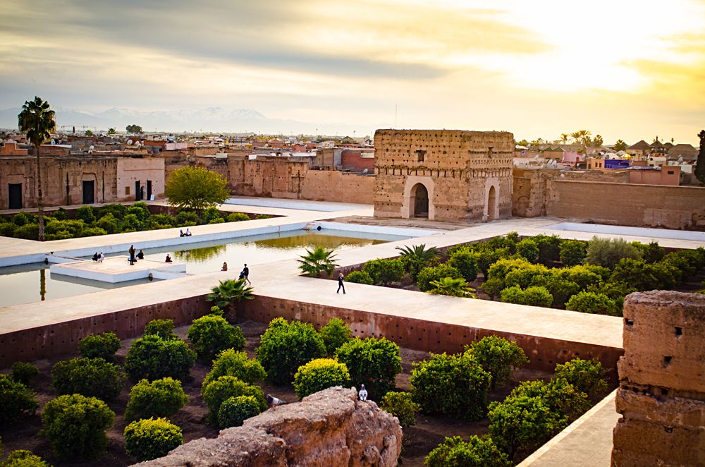 El Badi Palace and landscape at sunset in Marrakech, Morocco