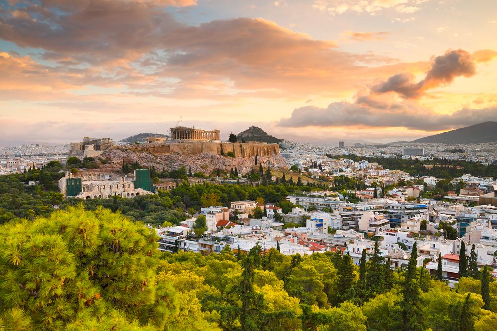 Morning view of Acropolis from Filopappou Hill in centre of Athens, Greece