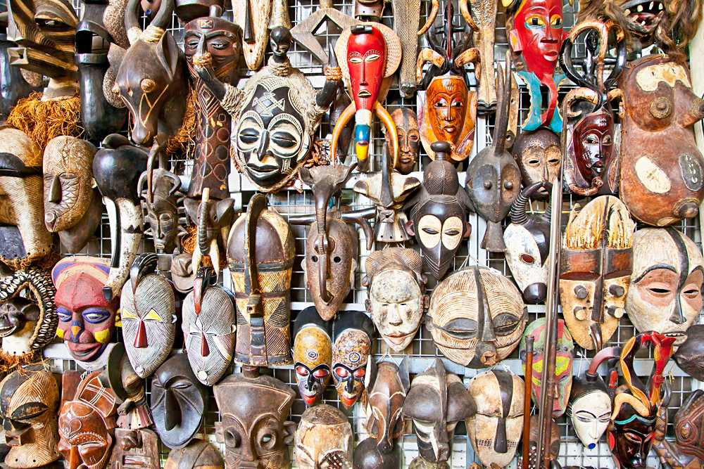 Old african masks for sale at market in Nairobi, Kenya