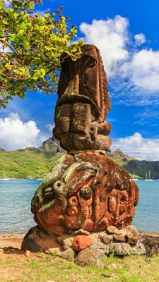 Tiki on the bay of Nuku Hiva, Marquesas Island, Tahiti (French Polynesia)