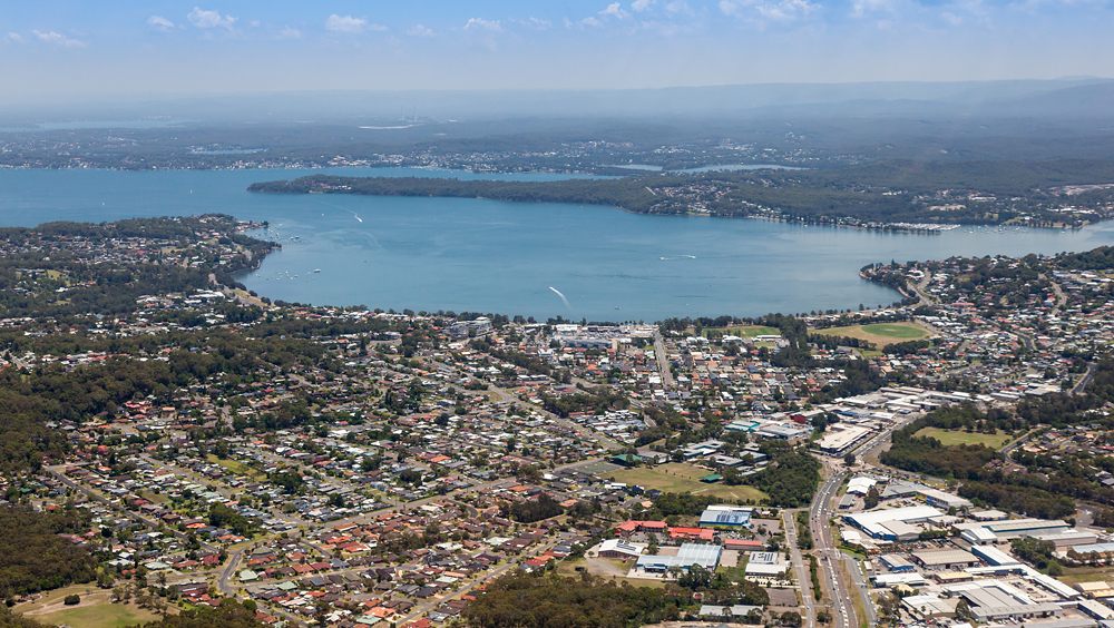 Aerial view of Lake Macquarie and Warners Bay in Newcastle, New South Wales, Australia