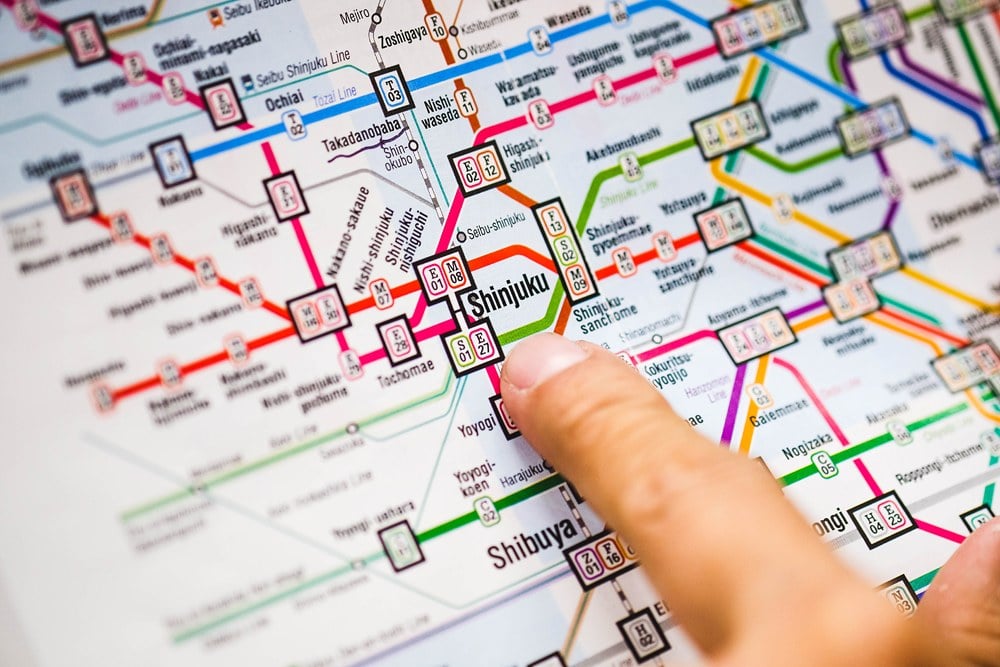 Close up of Shinjuku station in Tokyo metro subway map, Tokyo, Japan