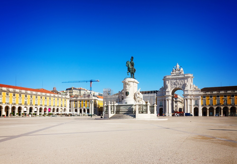 Commerce Square (Praca do Comercio) with King Jose I statue in Lisbon, Portugal
