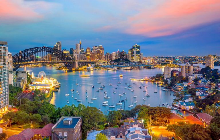 Downtown Sydney skyline at twilight, New South Wales, Australia
