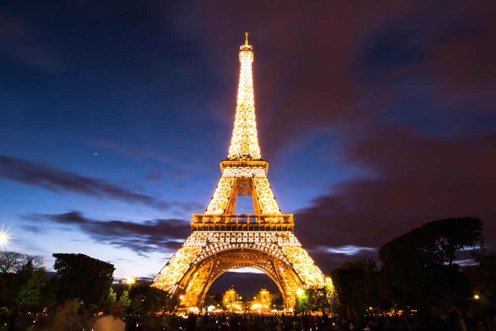 Eiffel Tower lit up at night, Paris, France