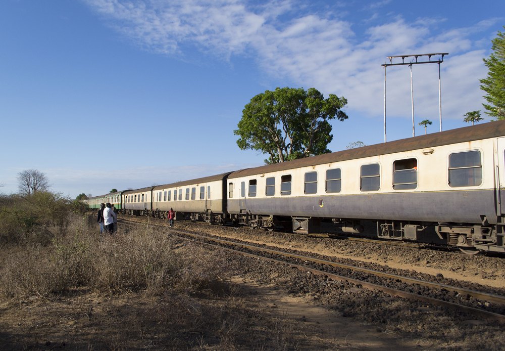 Nairobi to Mombasa train on the historic Uganda railway line in Tsavo National Park, Kenya