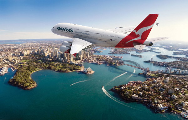 Qantas plane over Sydney, Australia