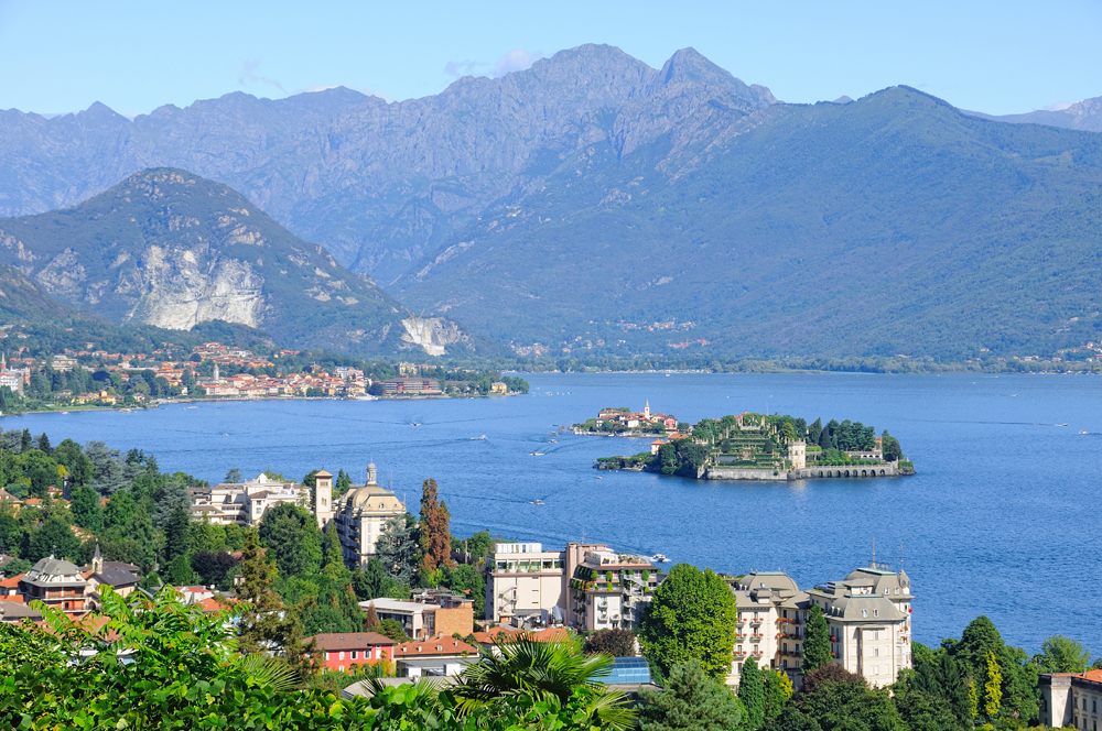 Scenic view on beautiful Lake Maggiore among the Alps, Piedmont, Italy 