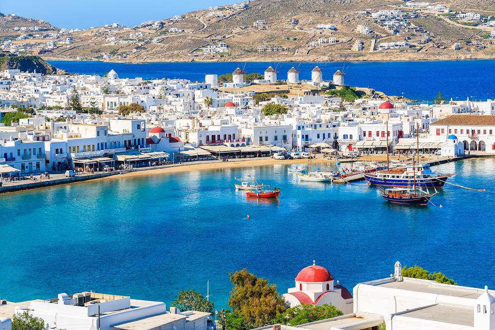 View of Mykonos port with boats, Cyclades Islands, Greece