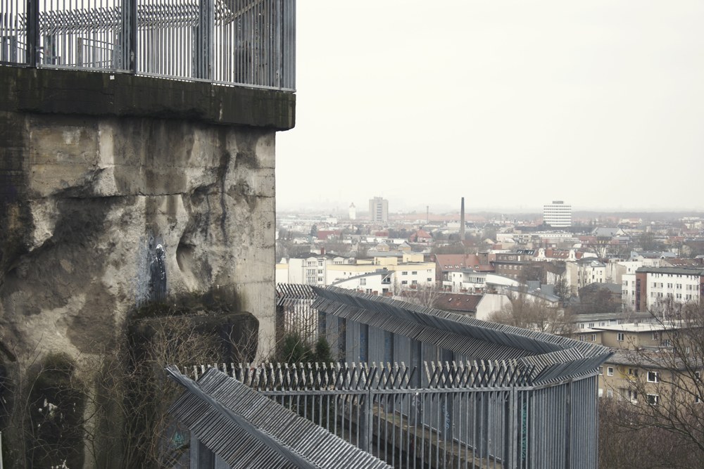 Detail View of Sammlung Boros bunker with Berlin city landscape in background, Germany 