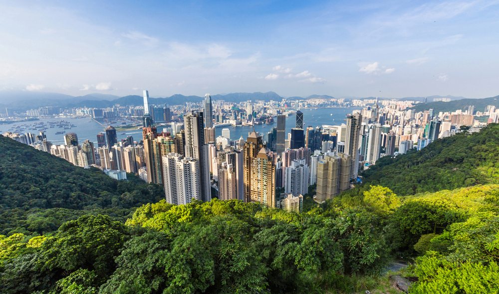 View of Hong Kong and Kowloon from Victoria Peak in Hong Kong, China 