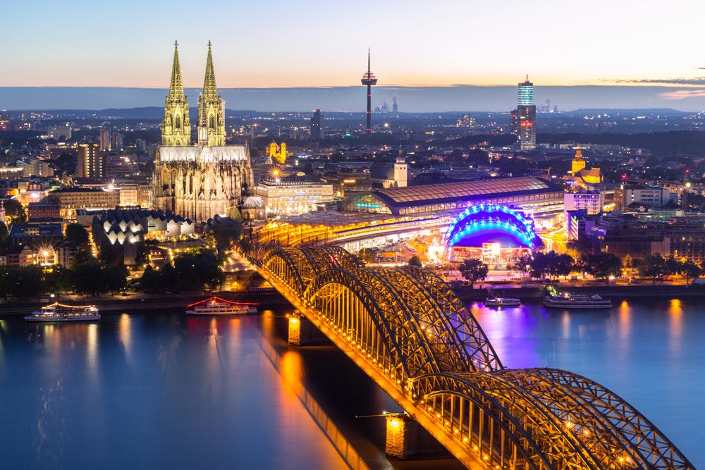 Aerial view of Cologne Cathedral and Hohenzollern Bridge, Cologne, Germany