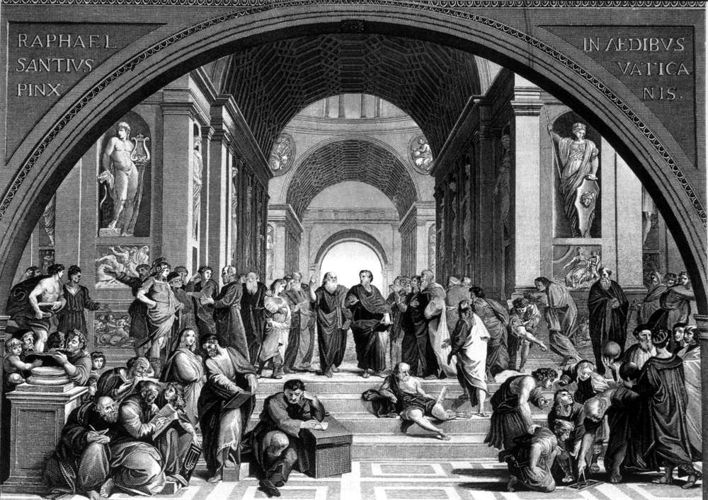 B&W depiction of School of Athens by Raphael, 400 BC, Engraving 
