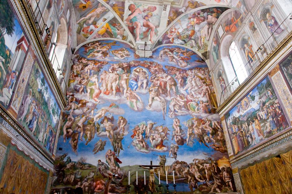 Michelangelo's The Last Judgment on altar wall of Sistine Chapel, Vatican City, Italy