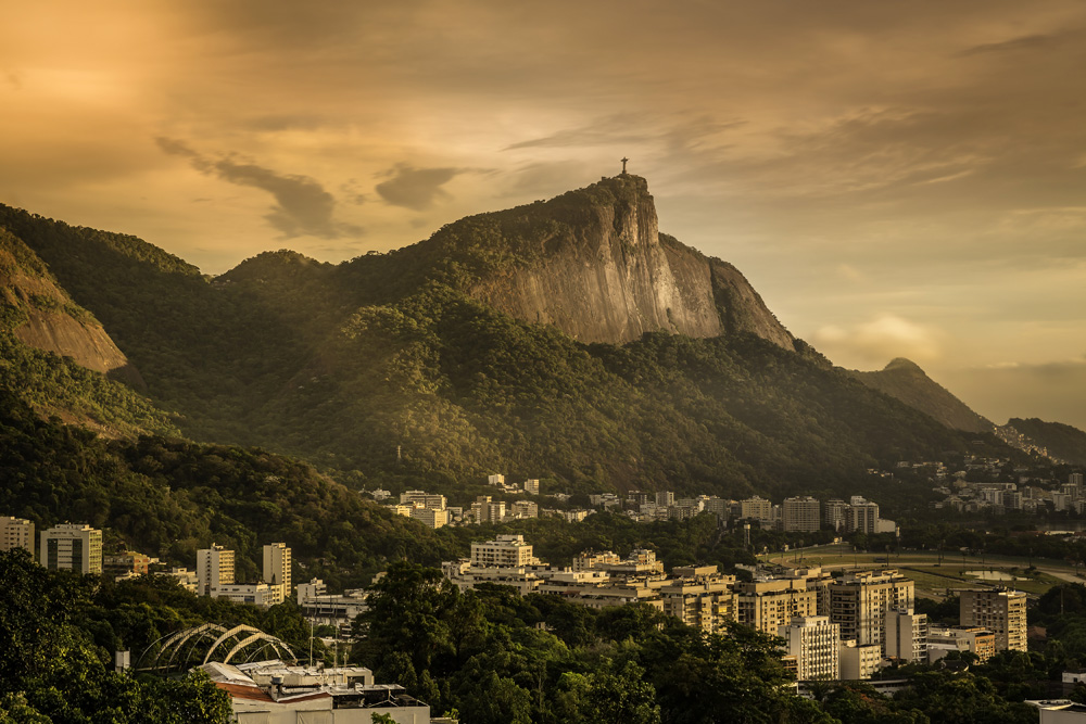 Panoramic sunrise view of Rio de Janeiro with Corcovado Hill, Brazil 