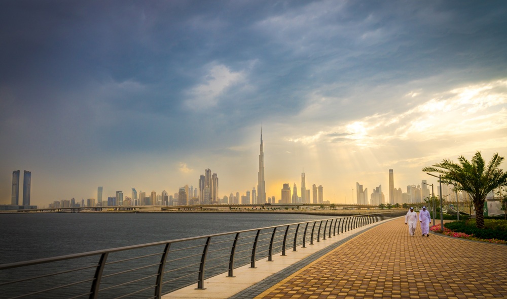 Panoramic view from promenade of Dubai's business district, Dubai, UAE (United Arab Emirates) 