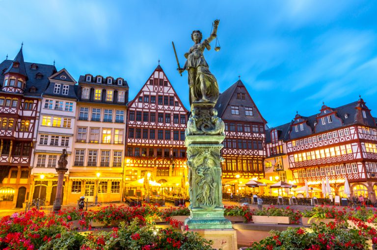 Romerberg Old Town Square with Justitia Statue, Frankfurt, Germany