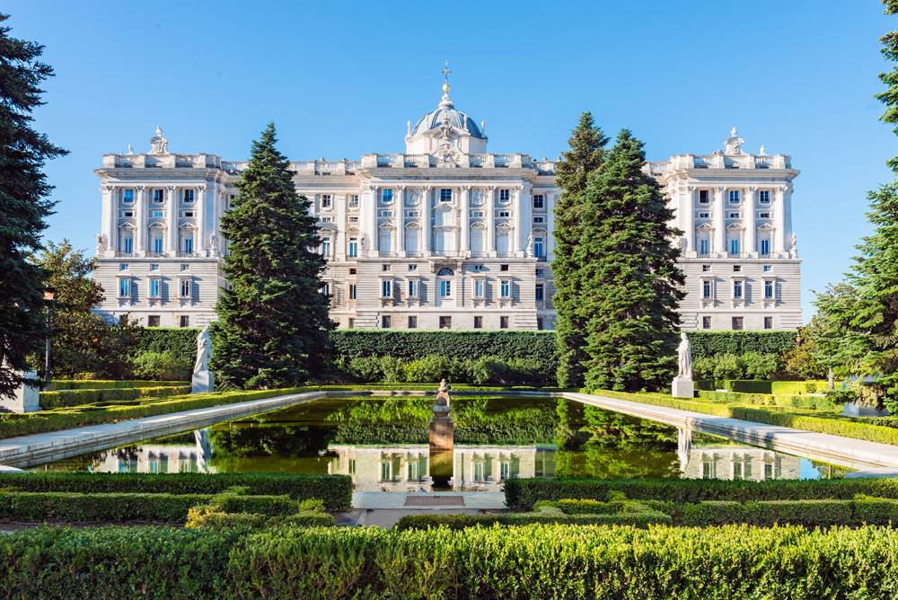 Royal Palace in Madrid, viewed from the Sabatini Gardens, Madrid, Spain 