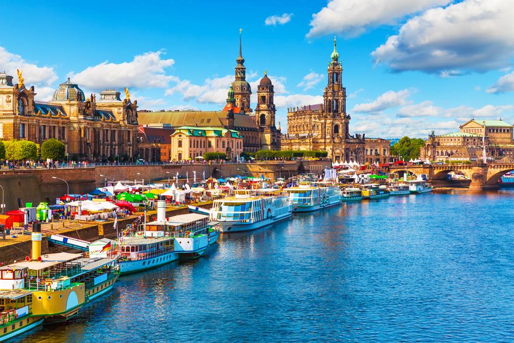 Scenic summer view of the Old Town architecture along Elbe River embankment, Dresden, Germany 