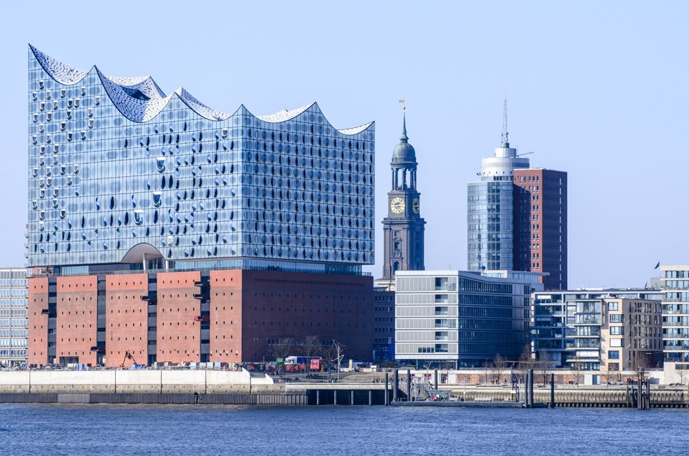 View at harbour city with St Michaelis Church and Elbe Philharmonic Hall, Hamburg, Germany 