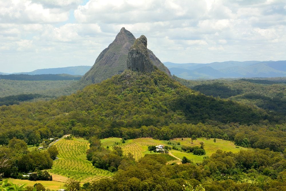 View of Mountains Beerwah and Coonowrin in Glass House Mountains region in Queensland, Australia 