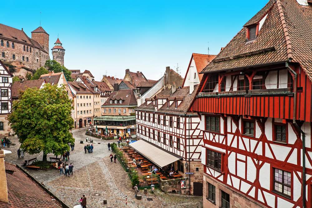 View of medieval architecture with half-timbered buildings in the Old Town, Nuremberg, Germany 