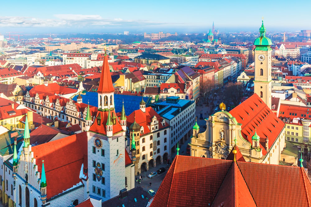 Aerial panorama of the Old Town architecture of Munich, Bavaria, Germany