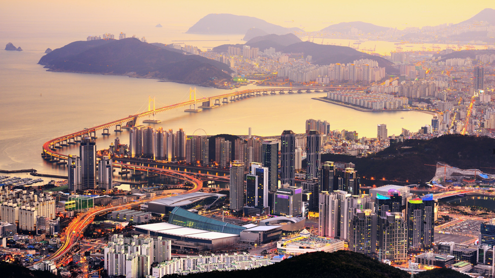 Aerial view of Busan skyline at sunset, South Korea 